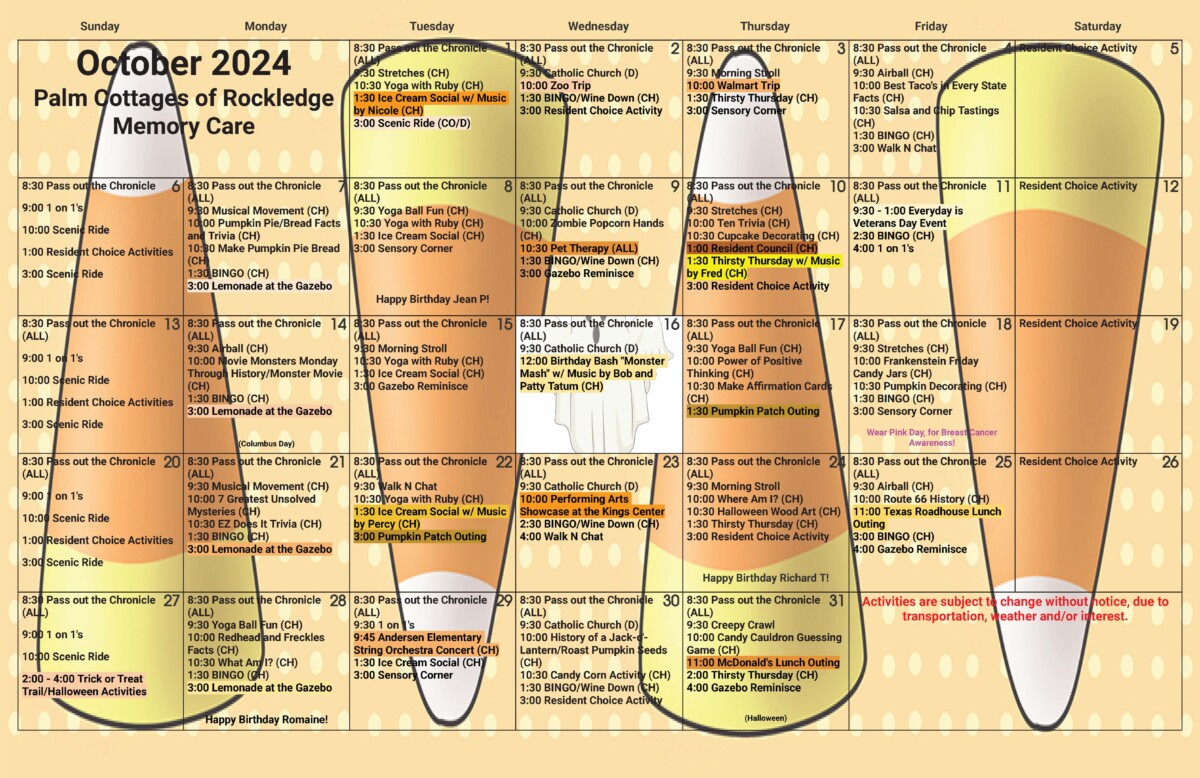 2024 October activity calendar for memory care residents