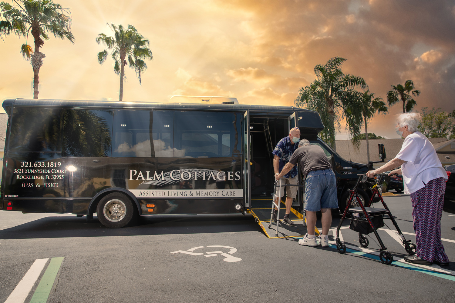 3 elderly residents boarding Palm Cottages bus for an afternoon outing